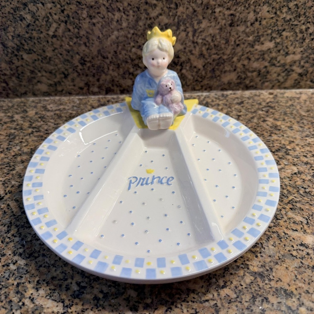 Vintage Mud Pie Prince White Ceramic Sectioned Toddler Plate Boy Figurine Baby